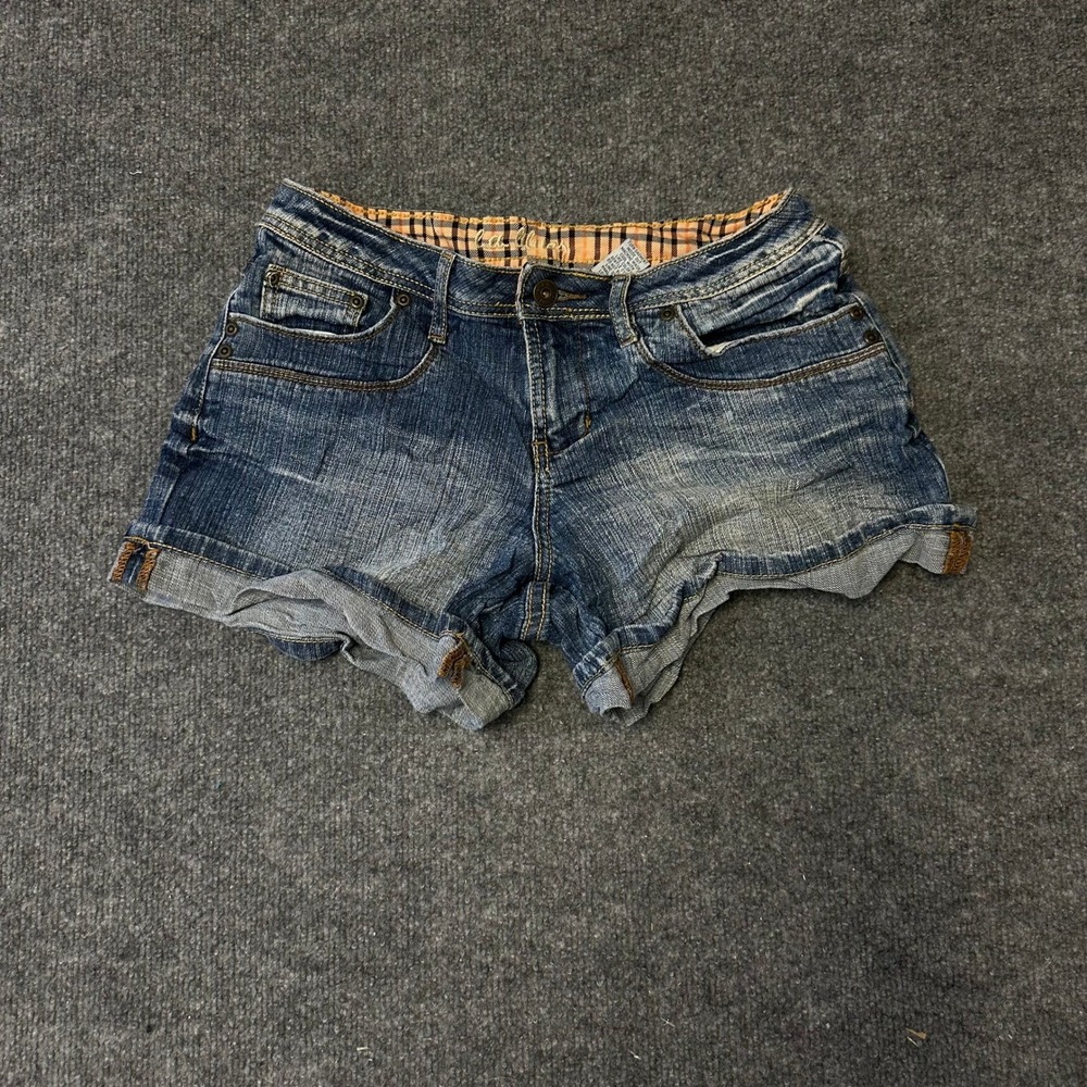 L.A. Blues Denim Shorts Womens Size 6 Blue Cuffed Plaid Trim Pockets Y2K Slim